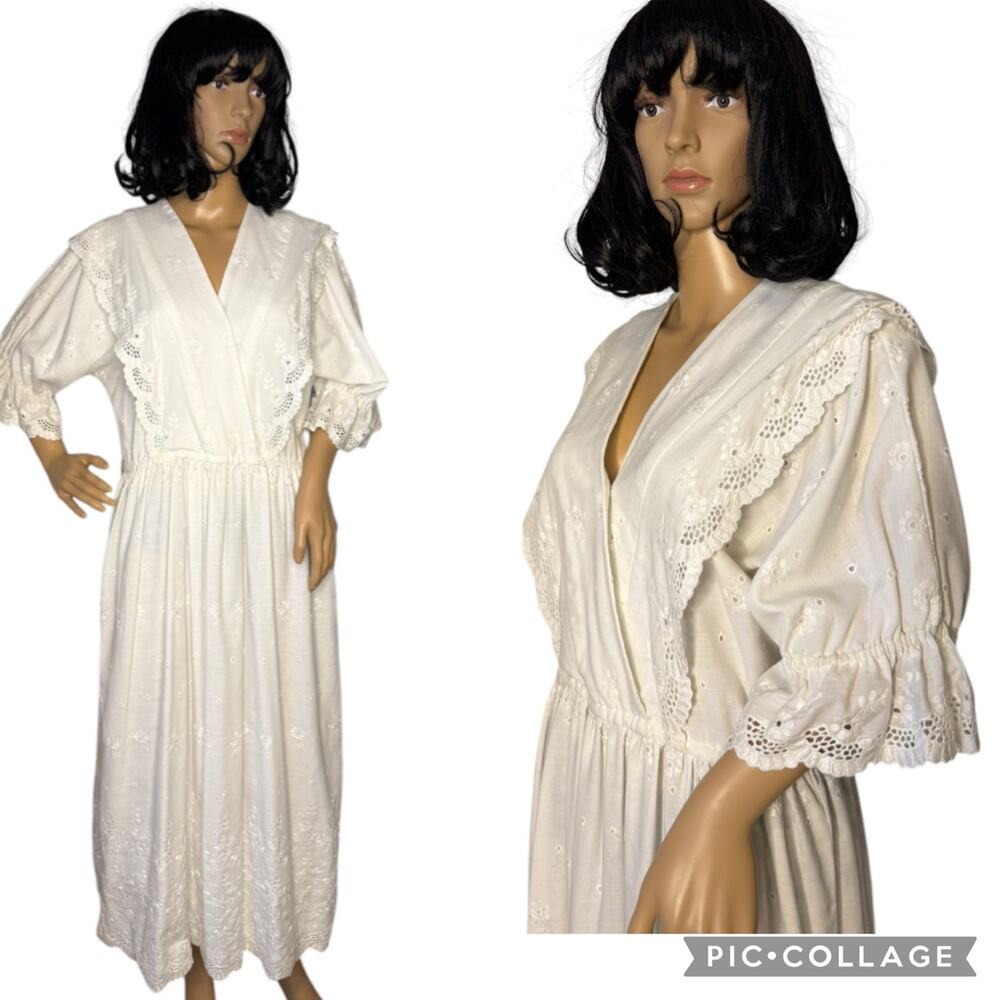 Vintage OOAK White Prairie eyelet scalloped maxi popover dress medium